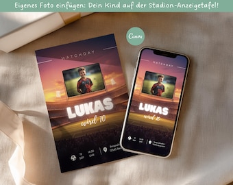 Digital football-themed children's birthday party invitation, stadium invitation for boys with photo, customizable Canva template, WhatsApp & print