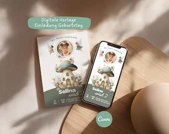 Invitation for a girl's 2nd birthday with photo, fairytale forest-themed children's birthday party invitation card, customizable Canva eCard, WhatsApp & printable