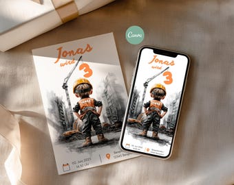 Construction-themed children's birthday party invitation template, customizable Canva template, digital eCard for WhatsApp & print, available immediately