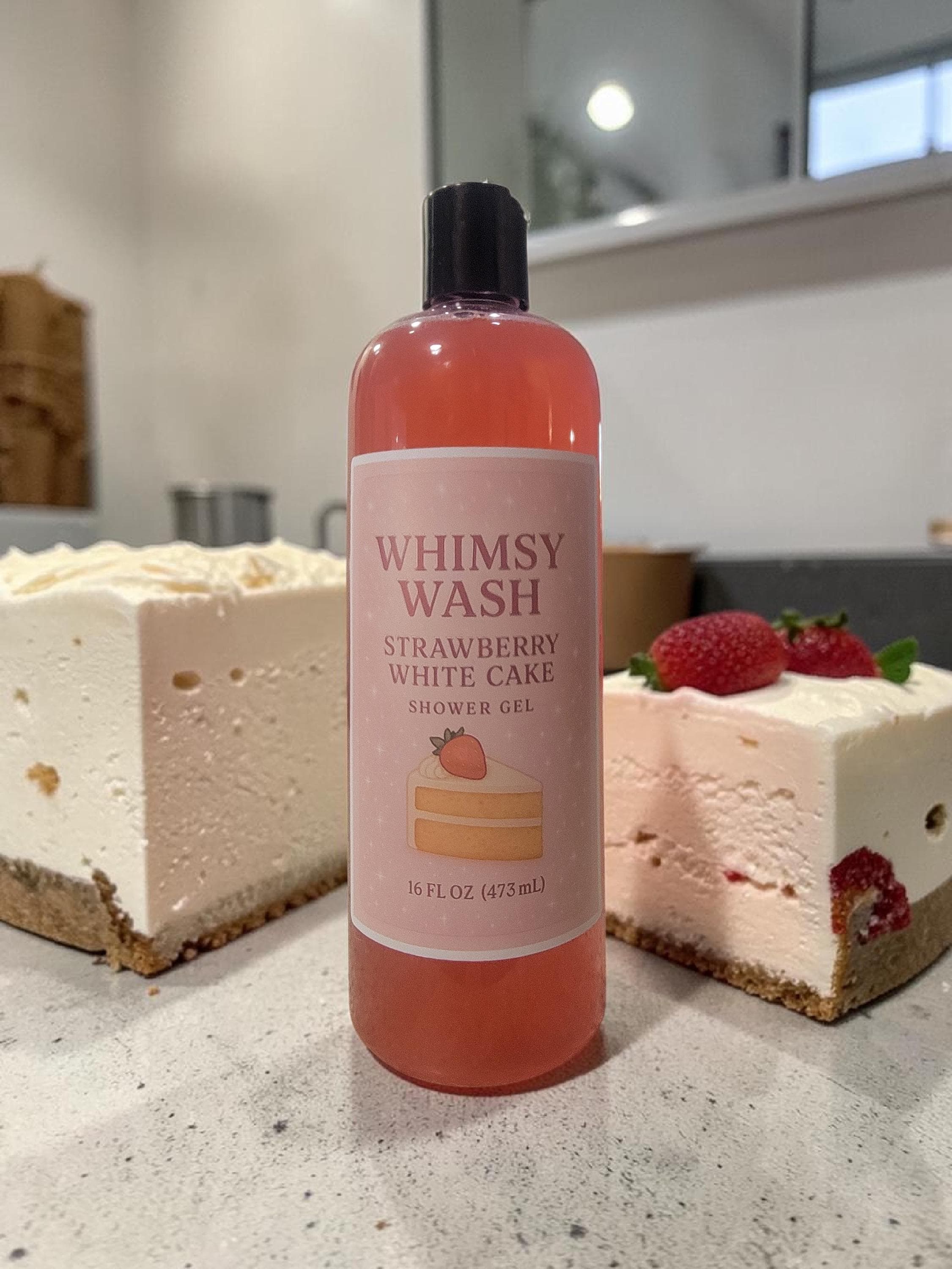 Whimsy Wash Strawberry White Cake Shower Gel- Indulgent Strawberry Dessert Body Wash- Handmade Pink Shower Gel