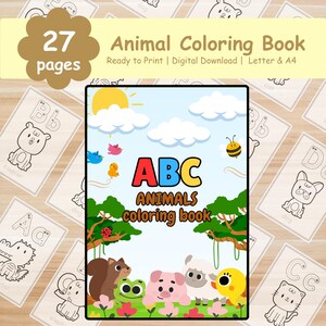 ABC Alphabet Malbuch für Kinder, druckbare Aktivität, Lerntiere Malseiten, Vorschullernen PDF, ABC Malbuch