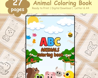 Animal Alphabet Coloring Book for Kids, ABC Printable Activity, Educational Animal Coloring Pages, Preschool Learning PDF, ABC Coloring Book