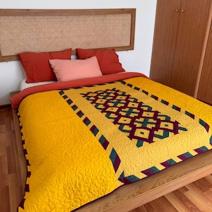 Sunny Burgundy Patchwork Quilt - Handmade Quilt - Vintage Bedspreads - Throw Blanket - Quilted Blanket - Quilts for Sale