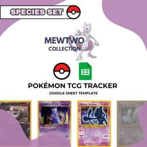 May include: A promotional image for a Pokémon TCG Tracker, featuring a Mewtwo theme. The image includes the text "SPECIES SET", "MEWTWO COLLECTION", and "POKÉMON TCG TRACKER". Several Pokémon cards are displayed, showcasing Mewtwo.