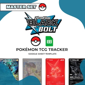 May include: A promotional image for a Pokémon TCG Tracker Google Sheet template. The image features the "Scarlet & Violet Black Bolt" logo, a Poké Ball, and several Pokémon cards, including Zekrom ex and Victini.