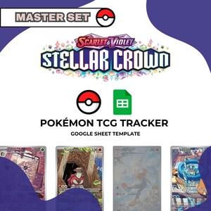 Puede incluir: Imagen promocional para un rastreador de Pokémon TCG. La imagen presenta el texto "MASTER SET" y "STELLAR CROWN" con un logotipo de Pokémon. Debajo se muestran tres cartas de Pokémon con varias ilustraciones y estadísticas.