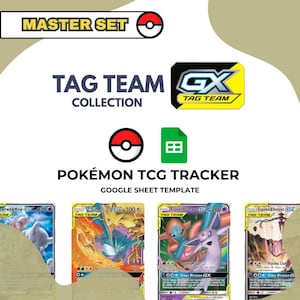 Op de afbeelding: Een promotieafbeelding voor een Pokémon TCG-tracker. De afbeelding bevat de tekst "MASTER SET", "TAG TEAM COLLECTION" en "POKÉMON TCG TRACKER". Er worden verschillende Pokémon-kaarten weergegeven, waaronder Mewtwo & Mew en Espeon & Deoxys.