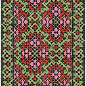 Puede incluir: Patrón geométrico pixelado con un diseño repetitivo de cuadrados rojos, verdes, rosas y negros. El patrón tiene un borde y motivos centrales, creando un diseño simétrico y visualmente complejo.