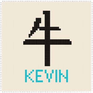 May include: A pixelated graphic featuring a black symbol and the name "KEVIN" in blue. The symbol resembles a stylized bull or ox. The background is a light beige color, and the design has a retro, 8-bit aesthetic.