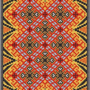 Puede incluir: Un patrón geométrico vibrante en formato rectangular. El diseño presenta un motivo repetitivo de diamantes y triángulos en rojo, amarillo, negro, marrón y azul claro. El borde es negro con detalles amarillos y rojos.