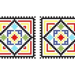 May include: Two square pixel art designs with a geometric pattern. Each design features a central diamond shape with red, yellow, blue, green, and light blue elements, surrounded by a square border with a black pixelated edge.