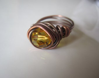 Yellow Swarovski and antique copper ring