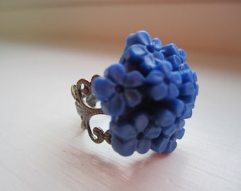 Forget Me Not Adjustable Brass Ring blue