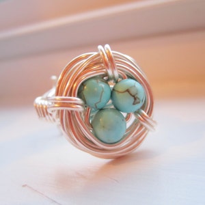 Robins Eggs Bird Nest Ring adjustable silver