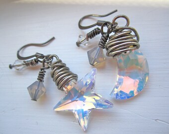 Star and Moon Cosmic swarovski dangle earrings