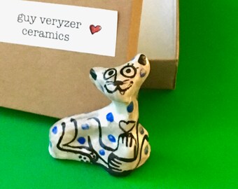 Blue spot Cat holding heart - a unique ceramic Collectable & gift box