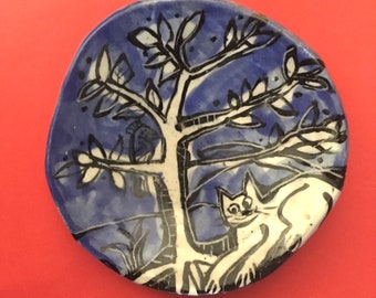 Cat with Night Tree & Bird - spoon-rest or small dish