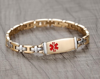 Pulsera de identificación médica personalizada: elegante joyería de alerta médica en oro rosa de 14 quilates.