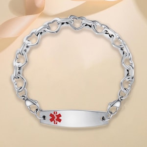 Customizable Medical Alert Bracelet for Women – Heart Link Chain with Interchangeable Tags | Engravable Medical ID | Stainless Steel | Gold