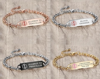May include: Four medical alert bracelets with chain links. Top left: rose gold with 'ALLERGY TO PENICILLIN'. Top right: silver with 'BLOOD THINNER'. Bottom left: black with 'ALLERGY TO PENICILLIN'. Bottom right: gold with 'LYMPHEDEMA NO BP/IV/NEEDLES THIS ARM'.
