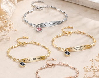 Pulsera de alerta médica personalizada para mujer: Grabado de "diabético", "anticoagulante", "DNR", acero inoxidable.