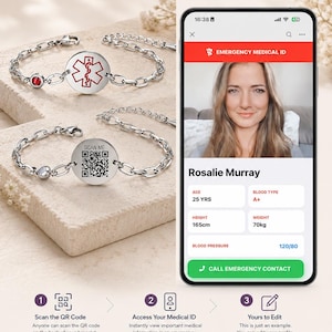 May include: A silver emergency medical ID bracelet with a red medical symbol and a QR code. The image also shows a smartphone displaying medical information, including height 165cm and weight 70kg. The text reads "Scan. Access. Protect."