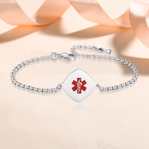 Gepersonaliseerde medische waarschuwingsarmband voor dames: roestvrijstalen eenvoudige Rolo-ketting medische armband Aangepaste gravure medische aandoeningen