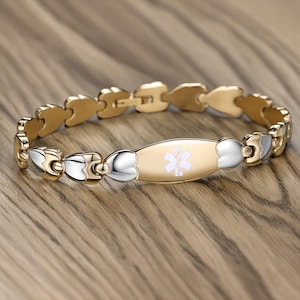 Medical ID Bracelet Women, Personalized stainless steel, 14K Gold/Rose Gold plated Purper Heart Medical alert bracelets
