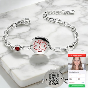 Gepersonaliseerde geboortesteen met qr-code medische ID-armband• Roestvrij staal, verstelbare, digitale pagina met gezondheidsstatus