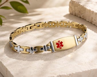 Personalized Medical ID Bracelet: 14K Gold Rose Gold Elegant Medic Alert Jewelry