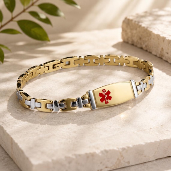 Personalized Medical ID Bracelet: 14K Gold Rose Gold Elegant Medic Alert Jewelry
