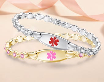 Personalized Medical ID Bracelet Women: Crystal Heart Stainless Steel Engraved Medical Alert Jewelry