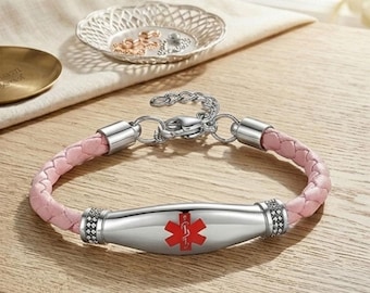 Personalized Leather Medical Alert Bracelet, Adjustable Rose Gold ID Jewelry