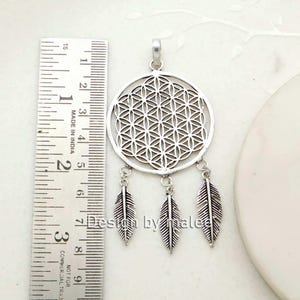 Flower of Life Pendant, Sacred Geometry Necklace, Silver Dreamcatcher Charm, Spiritual Boho Jewelry, Handmade Feather Pendant