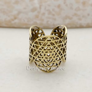 Sacred Geometry Ring, Brass Statement Ring, Adjustable Wide Band Ring, Boho Jewelry, Mandala Ring, Spiritual Jewelry, Gold Plated Ring,