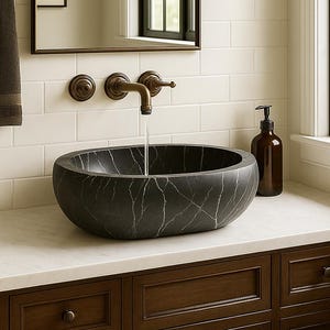 Lavabo ovalado de mármol cebra negro / Lavabo de piedra natural artesanal / Lavabo de mármol cebra negro / Encimera de mármol negro artesanal