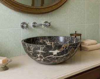 Handcrafted Black Marble Vessel Sink | Round Gold Veined Bathroom Basin