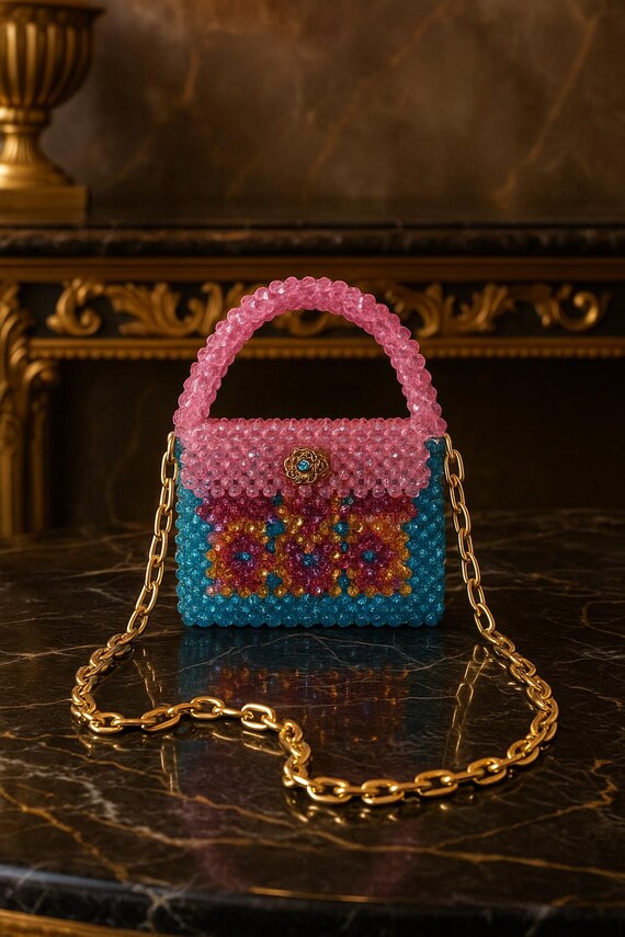 Handmade Beaded Handbag: Acrylic Crystal Evening Clutch With Gold