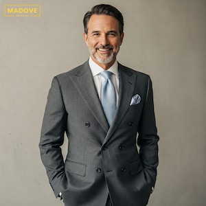 Herren stahlgrauer zweireihiger 2-teiliger Anzug | Maßgeschneiderte Hochzeit & Abendkleidung | Perfekt für Bräutigame | Elegantes Geschenk für Ihn