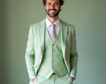 Men's Pastel Green 3-Piece Suit: Custom Tailored Wedding Formal Wear