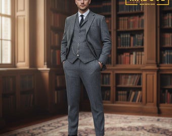 Men’s Tweed Steel Grey 3 Piece Suit | Classic Wedding & Formal Wear