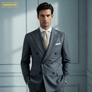 Herren stahlgrauer zweireihiger 2-teiliger Anzug | Maßgeschneiderte Hochzeit & Abendkleidung | Perfekt für Bräutigame | Elegantes Geschenk für Ihn