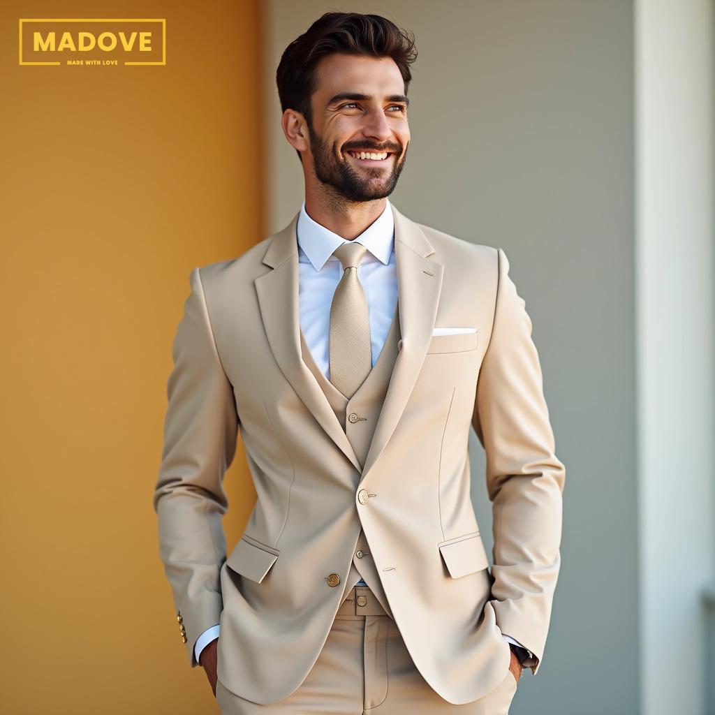 Mens Beige Textured Slim Fit Suit – Modern 2 Piece Wedding and Formal Suit Set main image 0