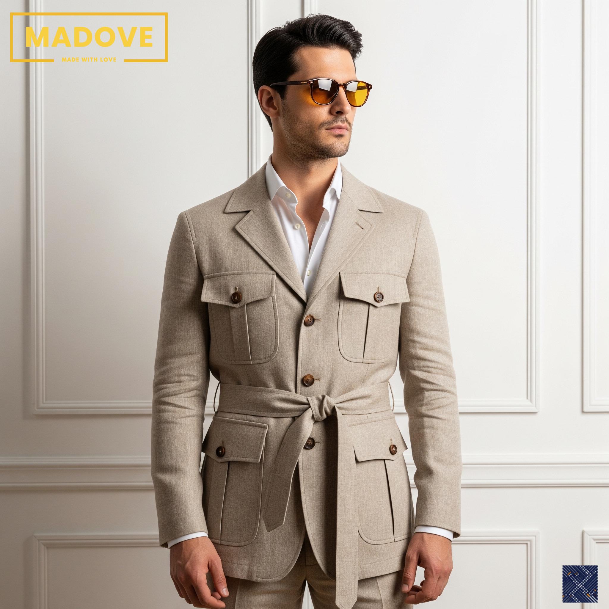 Men's Vintage Safari 2-Piece Suit: Light Beige African Hunting Outfit