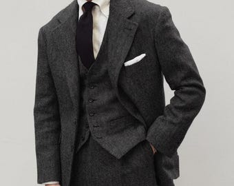 Men’s Tweed Charcoal Grey 3 Piece Suit | Classic Wedding & Formal Wear