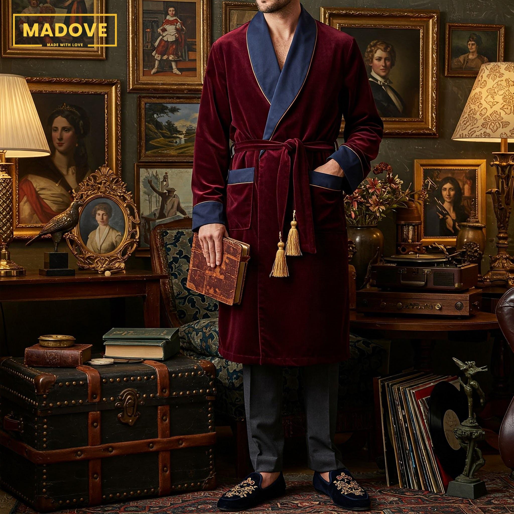 Men's Burgundy Velvet Smoking Jacket with Robe Gold Trim | Tassel Belt | Vintage Lounge Wear | Victorian-Style Elegant Housecoat.