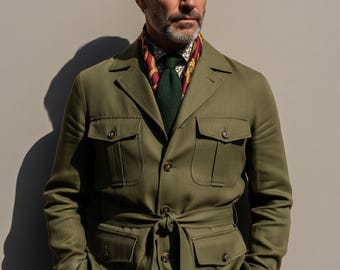 Men&#39;s Vintage Olive Green Safari 2-Piece Suit: African Hunting Outfit