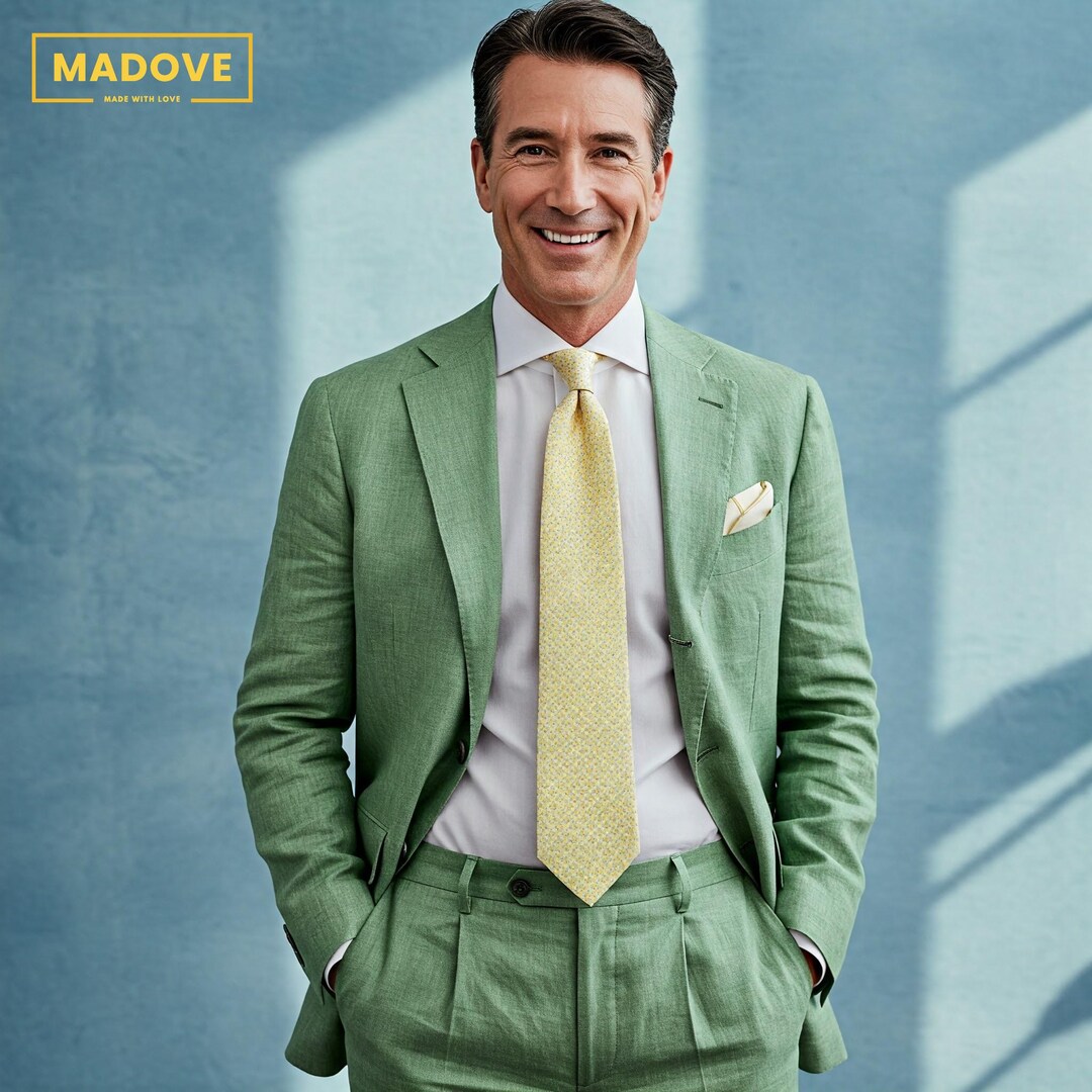 Men's Light Green Linen Suit: Custom Tailored Wedding Formal
