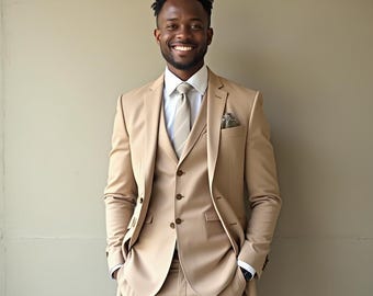 Men's Custom-Tailored Beige 3-Piece Suit: Wedding & Formal Wear
