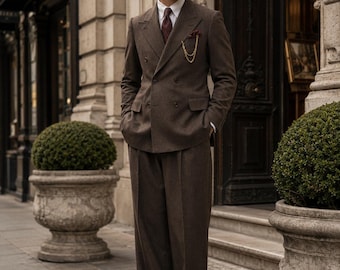 1930s Men's Brown Suit, Vintage Double Breasted Suit, Wide Leg Trousers, Classic Gentleman Menswear, Retro Old Money Formalwear